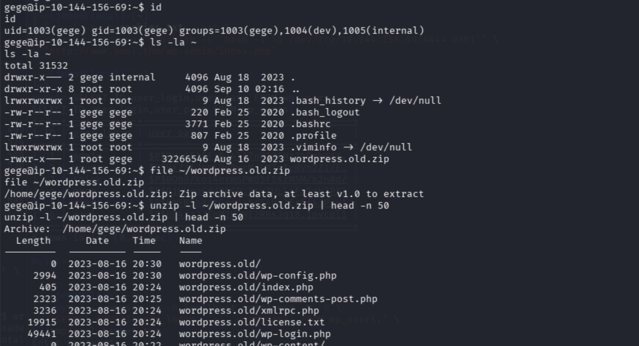Gege account enumeration revealing the old WordPress ZIP archive